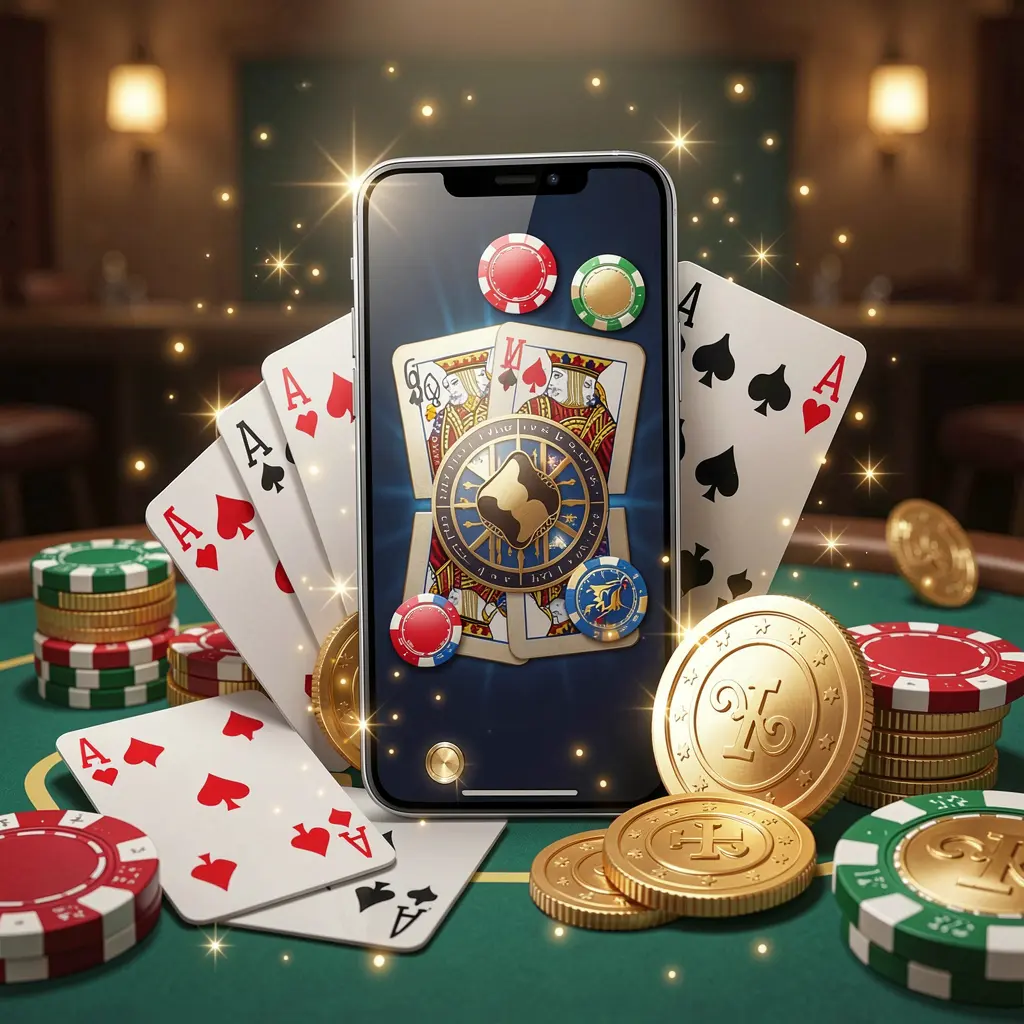 FU99 mobile gaming application concept showing a smartphone surrounded by playing cards, roulette chips, gold coins, and sparkling lights in a premium casino style