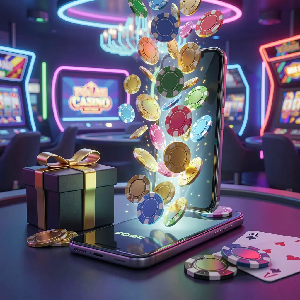 FU99 mobile casino bonus scene with a modern smartphone displaying glowing casino chips and coins emerging from the screen, surrounded by a gift box and playing cards in a bright neon casino atmosphere