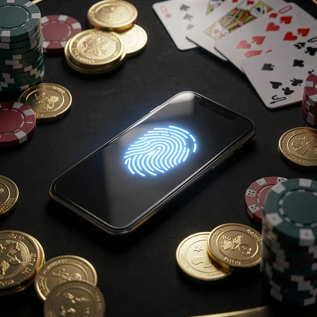 FU99 online casino login screen showing a phone with a glowing fingerprint scan on a premium black table surrounded by poker chips, golden coins, and playing cards in a cinematic 3D render