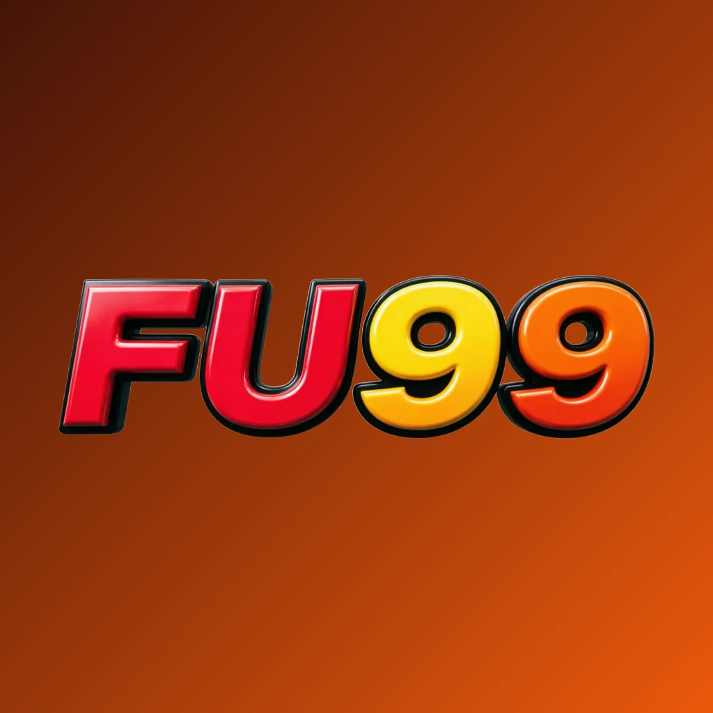 Vibrant FU99 logo design featuring bold heavy typography in bright red, yellow, and orange with a glossy 3D effect, set on a transparent background in a wide horizontal rectangular wordmark style for a modern and energetic website header