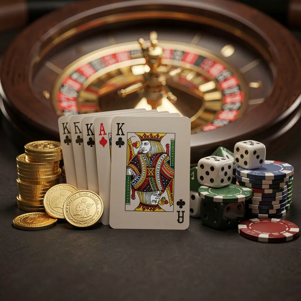 FU99 elegant online casino homepage featuring royal flush cards, dice, golden coins, and poker chips on a dark table with a glowing roulette wheel in the background in a cinematic 3D render